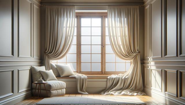 Cozy window nook with cushions, a small side table, and flowing curtains in a softly lit room.