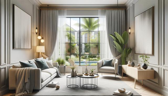 Elegant living room with modern furniture, large window view of garden, soft colors, and plants.