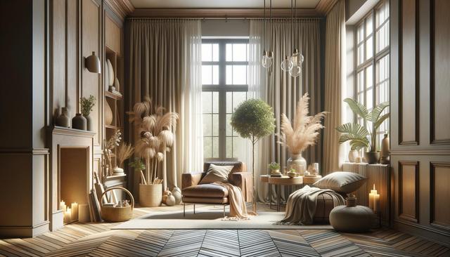 Cozy living room with a brown leather chair, wooden accents, large windows, plants, and candles.