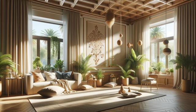 Bright living room with large windows, wood ceiling, potted plants, beige sofa, and decorative pillows.