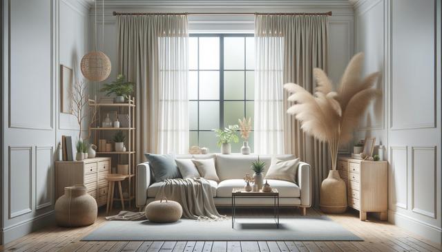 Cozy living room with neutral tones, featuring a white sofa, wooden furniture, plants, and large window with beige curtains.