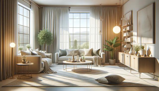 Bright, modern living room with large windows, light furniture, plants, and a cozy atmosphere.