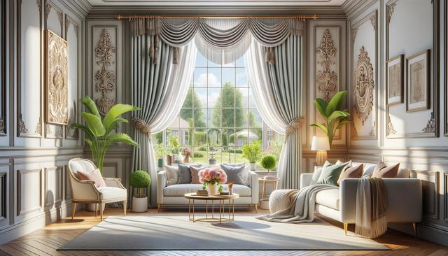 Elegant living room with ornate walls, large windows, plush furniture, and green plants.