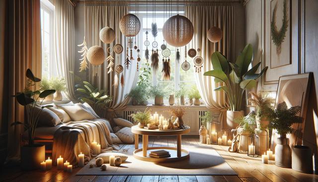 Cozy living room with hanging decor, large plants, numerous candles, and sunlight streaming through a window.