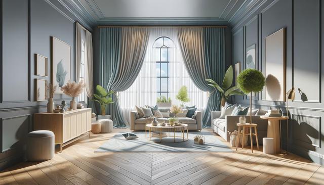 Elegant living room with blue walls, large arched window, cozy sofas, and lush plants.