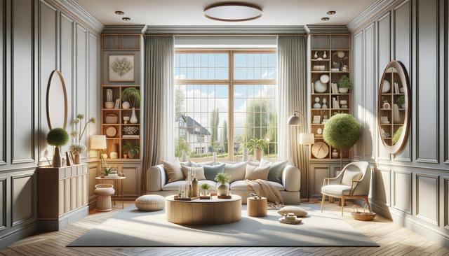 A cozy, elegant living room with a large window, beige sofa, round coffee table, and decorative plants. Neutral tones and wooden accents create a serene atmosphere.