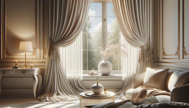 Elegant room with a large window, flowing drapes, ornate furniture, and soft lighting.