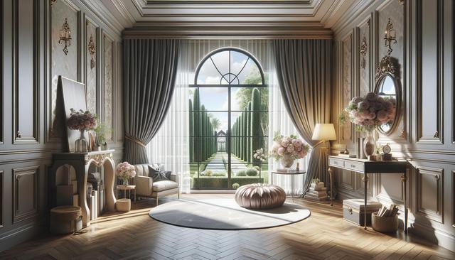 Luxurious room with elegant furniture, large window, and view of a manicured garden path.