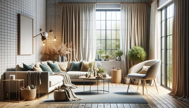 Cozy living room with a white sofa, cushions, plants, and a round coffee table; large windows with beige curtains fill the space with natural light.