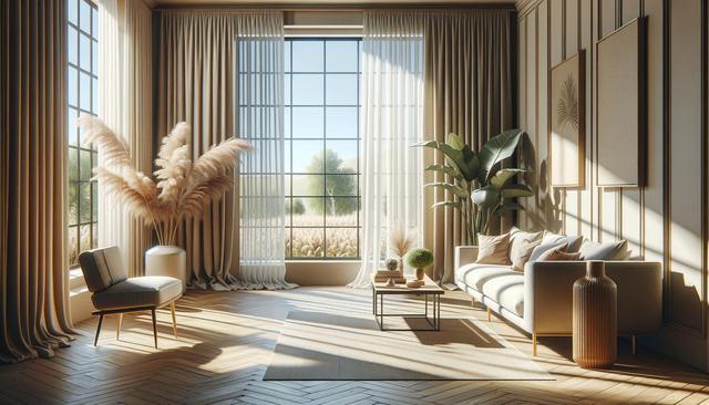 Bright living room with large windows, beige curtains, a sofa, chair, plants, and natural light streaming in.