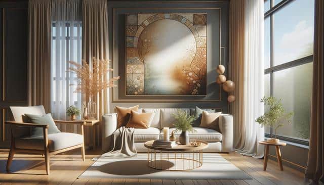 Modern living room with a large window, cozy sofa, wooden furniture, abstract wall art, and plants.