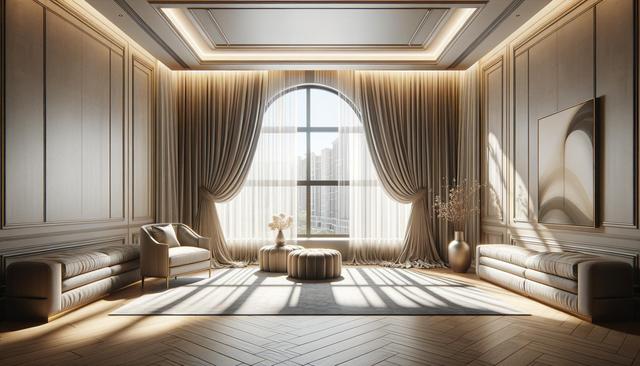 Elegant living room with large arched window, beige curtains, two sofas, an armchair, a round ottoman, and a vase on a rug.