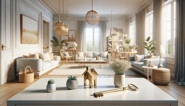 Bright living room with modern decor, neutral colors, houseplants, large windows, and cozy seating.