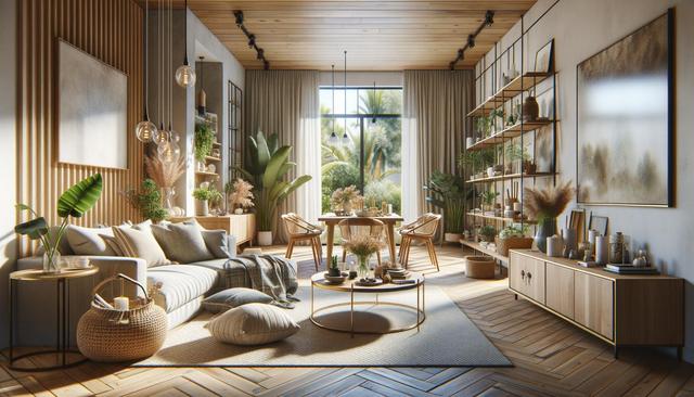 A cozy modern living room with a large window, wooden accents, plants, and soft furnishings.