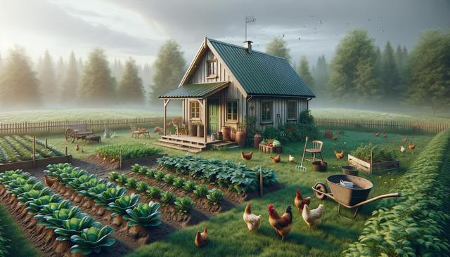 A quaint wooden cottage surrounded by a lush vegetable garden and chickens, set in a misty countryside with trees and a picket fence.