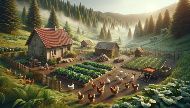 Cozy farmhouse with red roof, surrounded by trees and misty hills; garden with green plants and chickens roaming.