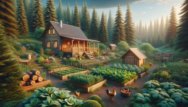 A cozy log cabin with a garden, chickens, and dense evergreen forest in the background.