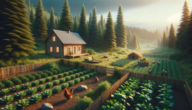 A cozy log cabin in a lush garden with rows of vegetables, surrounded by pine trees and chickens roaming the area at sunset.