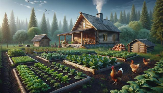A log cabin with a garden, chickens, and trees in the background.