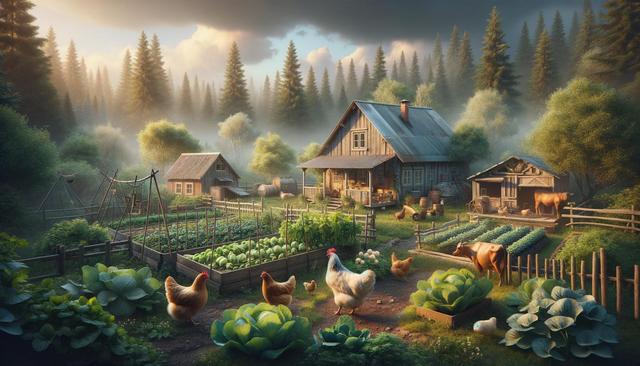 A cozy farm scene with a wooden house, lush vegetable garden, chickens roaming, and a cow near a barn, surrounded by trees under a cloudy sky.