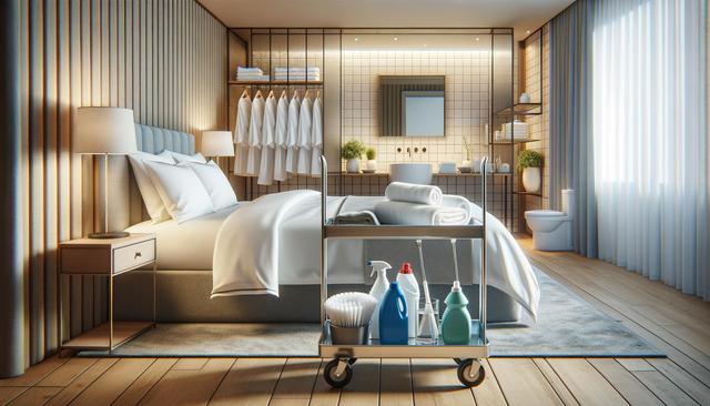 Hotel room with a bed, cleaning cart, and a view of the bathroom.