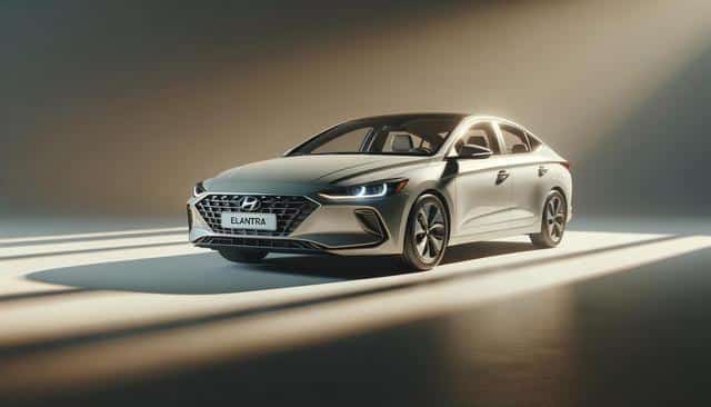 A silver car in a spotlight, with sleek design and headlights on.