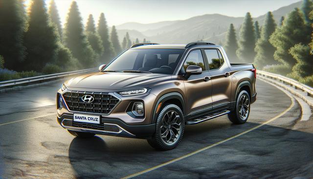 A sleek, modern pickup truck on a curved road with trees and hills in the background.