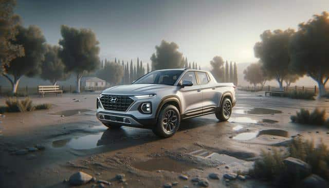 A silver pickup truck parked on a wet, rural road with trees in the background.