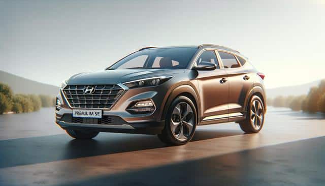 A modern silver SUV parked on a scenic road with hills and trees in the background.