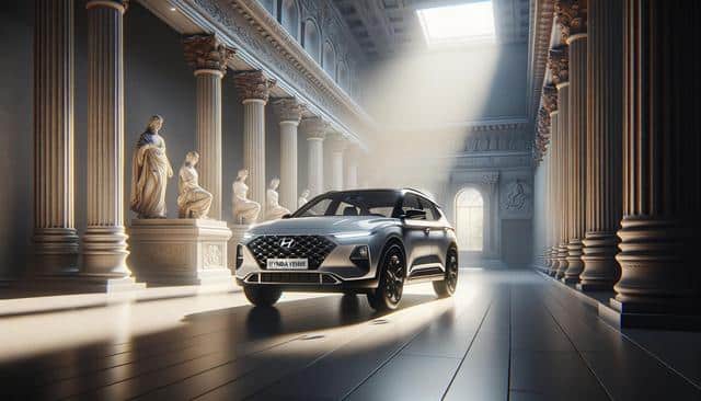 A silver SUV is parked in a grand, sunlit hall with classical columns and statues.
