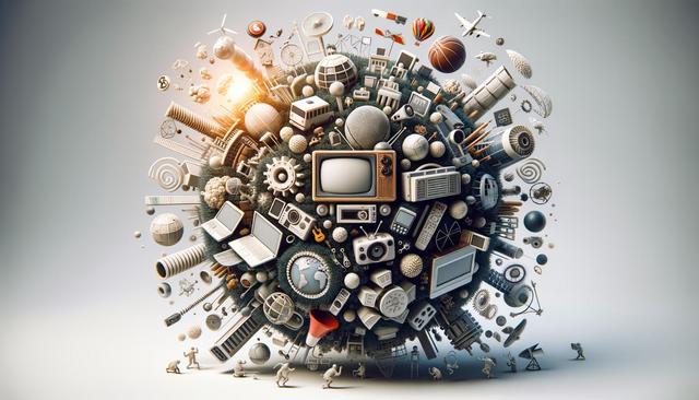 A spherical cluster of various technology and nature-related objects, including gadgets, vehicles, and plants, forming a complex, chaotic collage.