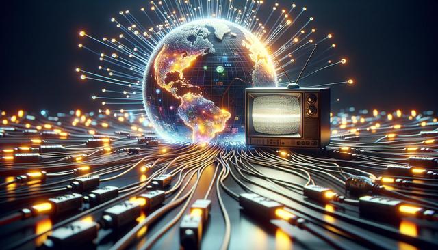A vintage TV with static is connected to cables, leading to a glowing Earth with network lines.