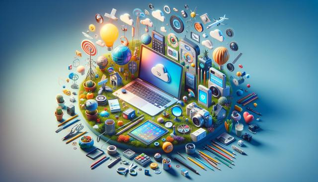 A vibrant, digital collage with a laptop, tablet, and various tech gadgets, surrounded by colorful icons and everyday objects against a gradient background.