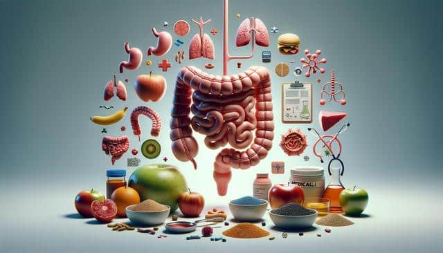 Anatomical illustration of a digestive system surrounded by foods and medicine, symbolizing health and nutrition.