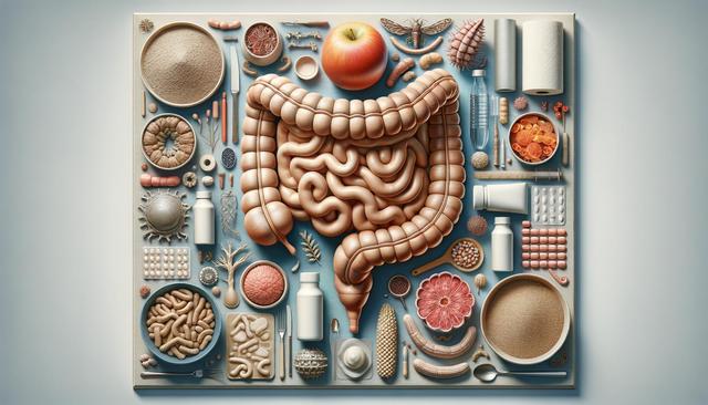 Flat lay of intestines with food, pills, and natural elements on a blue background.