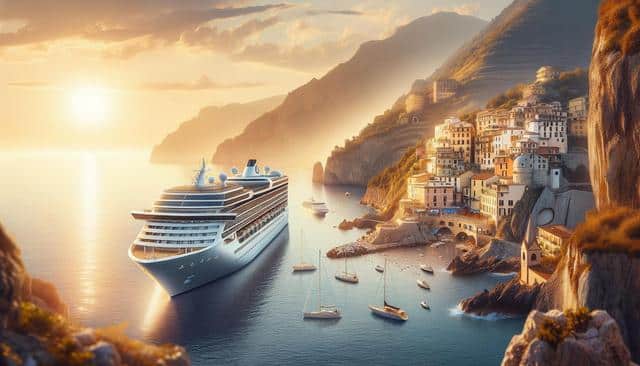 A large cruise ship sails near a picturesque coastal village, with mountains and a setting sun in the background.