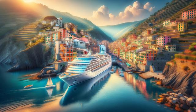 A vibrant coastal village with colorful houses on steep cliffs, a large cruise ship, and a sailboat in calm, blue water at sunset.