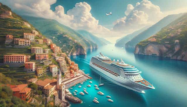 A large cruise ship sails through a scenic coastal village with colorful hillside houses and nearby boats.