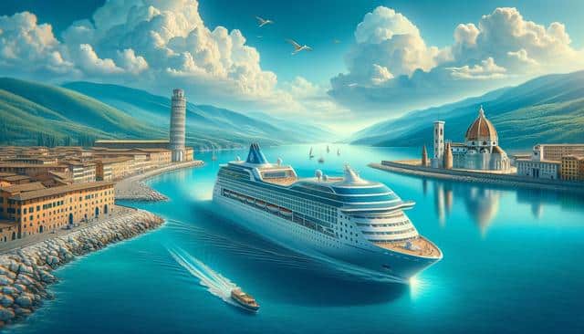 A cruise ship sails between Italian landmarks with mountains and fluffy clouds in the background.