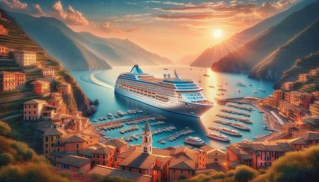 A cruise ship in a scenic bay at sunset, surrounded by colorful hillside villages and sailboats.