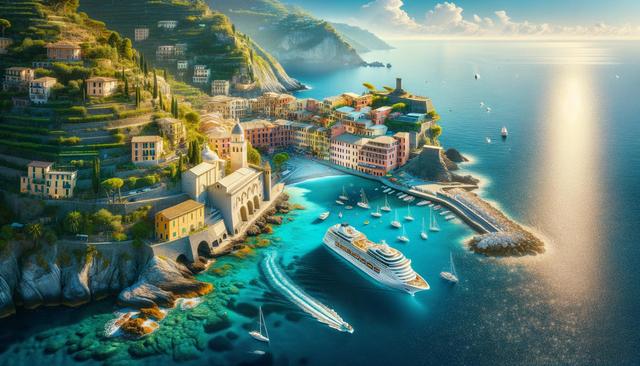 Coastal town with colorful buildings, terraced hills, yachts, and a cruise ship in clear turquoise waters.