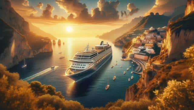 Cruise ship sailing along a coastal town at sunset, surrounded by cliffs and small boats.