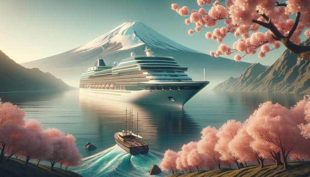A large cruise ship and a smaller sailboat on a tranquil lake, surrounded by cherry blossoms, with a snow-capped mountain in the background.