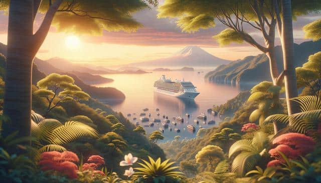 A cruise ship in a serene bay surrounded by lush green hills and colorful flowers at sunrise with a distant mountain.