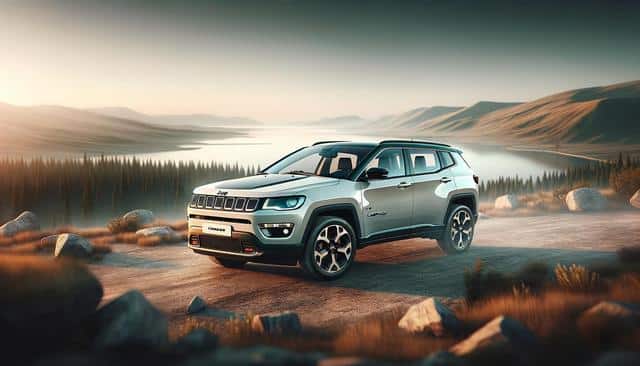 SUV on a rocky dirt road by a calm lake and distant hills at sunset.