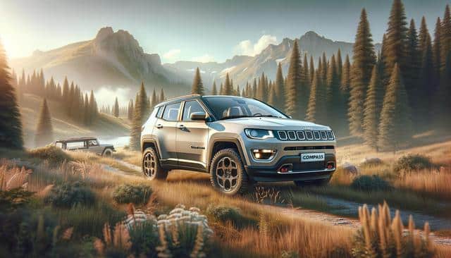 A Jeep SUV drives through a scenic mountain landscape with trees and morning sunlight.