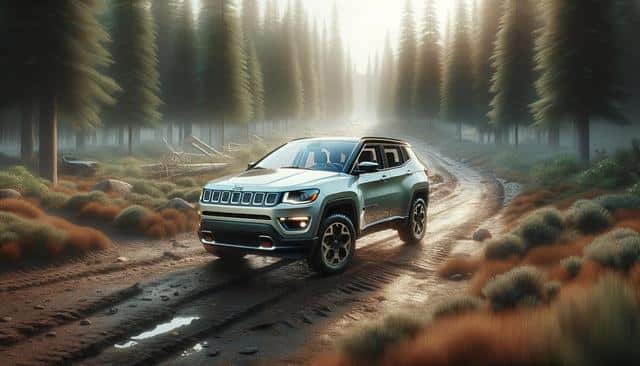 A green SUV drives on a muddy forest trail surrounded by tall trees and mist.
