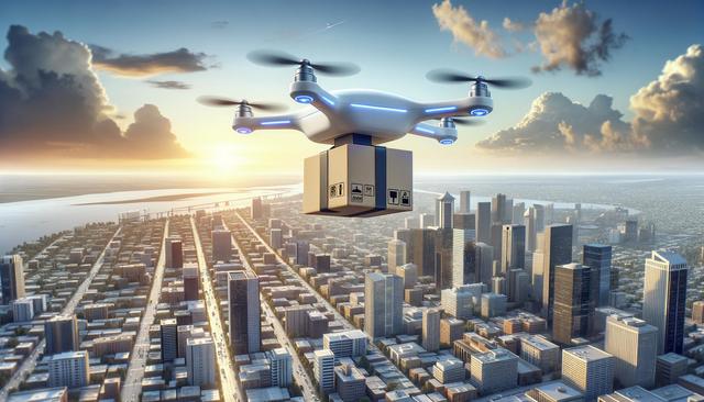 Drone carrying package over city skyline at sunset.