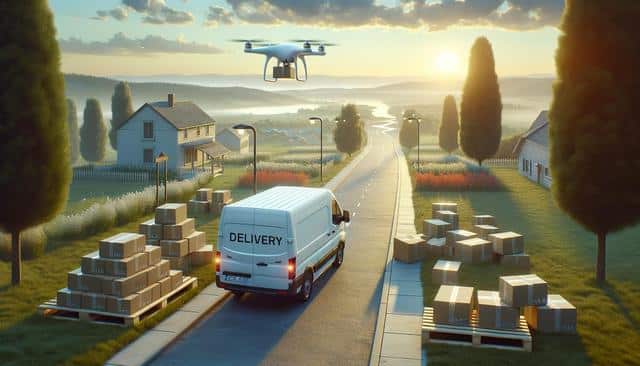 A delivery van on a rural road with a drone in the sky and many packages on the ground.
