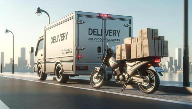 A delivery truck and motorcycle with boxes are parked on a riverside road with city buildings in the background.
